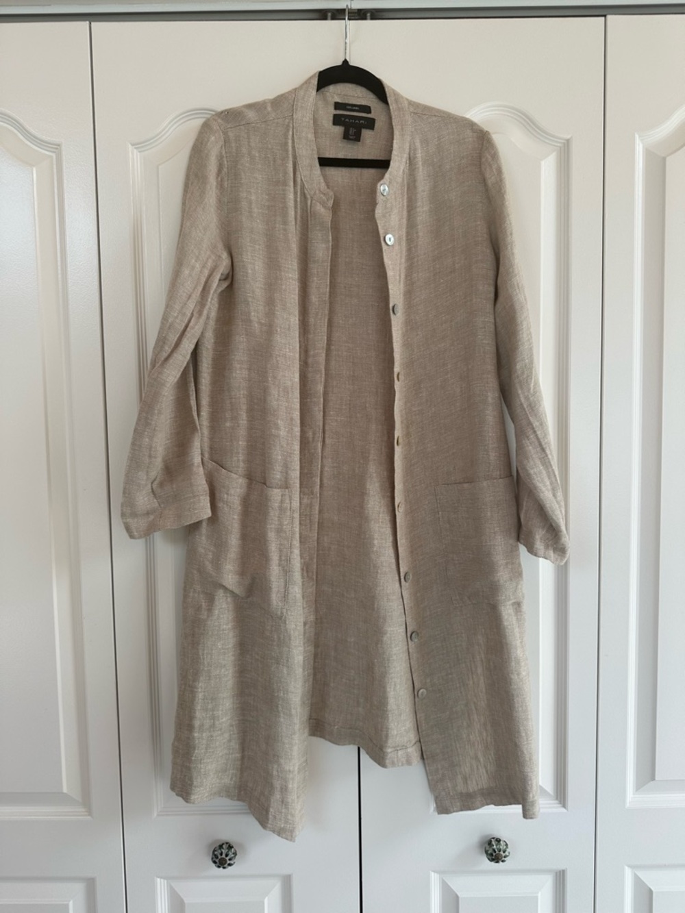 Tahari Beige Linen Button-Front Long Coat